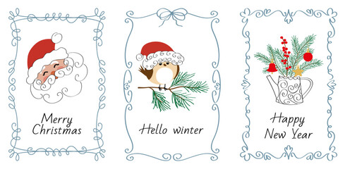 Merry Christmas and New Year greeting cards in retro style. Poster, banner with a printing company, Santa in a vintage frame. A template for printing. Design for a gift bag, packaging.