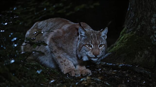 Lynx Cat in Forest at Night - Wild Animal Predator Hunting Stealthily in Dark Woods Environment