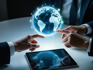 Business professionals pointing at holographic globe technology with tablet