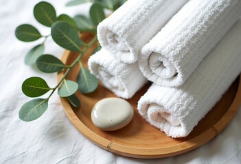 Overhead shot of spa essentials: rolled white towels, eucalyptus branches, and a smooth stone, on a light bamboo tray, serene and calm atmosphere.