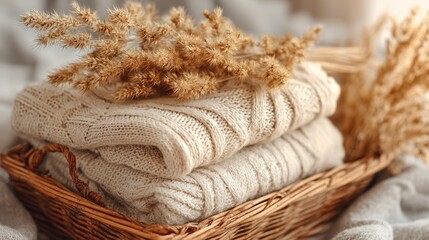 Blank cream sweater arranged on vintage wicker basket with dried pampas grass