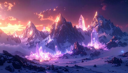 Shimmering mountains formed of luminous crystals, dreamlike light scattering across an otherworldly DESIGN landscape.