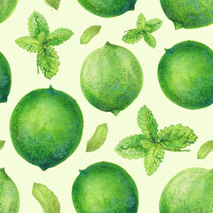 Pattern Watercolor illustration of fresh green limes, , mint leaves. Citrus fruit and herbal elements perfect for summer, drinks, and botanical design