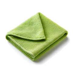 Green microfiber cleaning cloth folded neatly on a pure white background