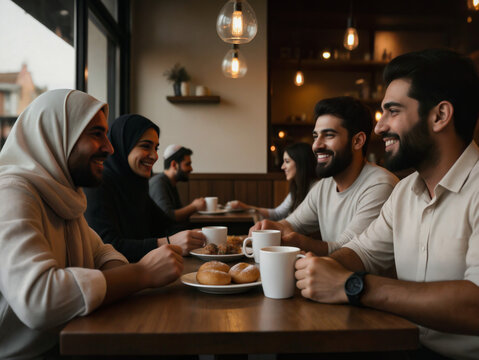 Group of friends drinking coffee and eating donuts together in a cafe
