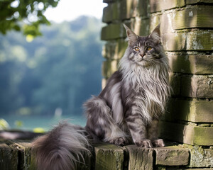 Majestic Maine Coon cat sitting on a brick wall outdoors