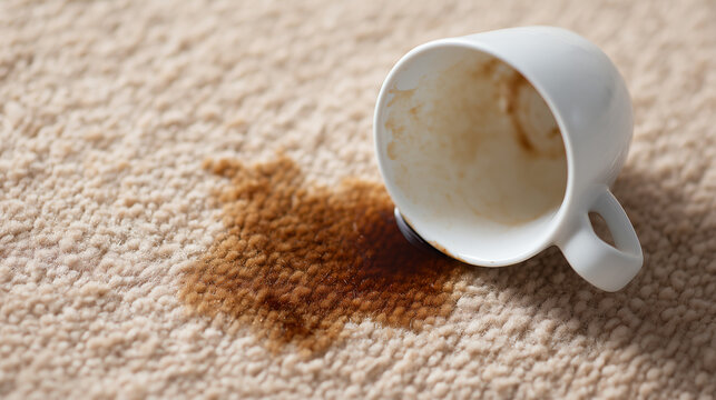 White cup tipped over with coffee spill on beige carpet closeup on neutral background