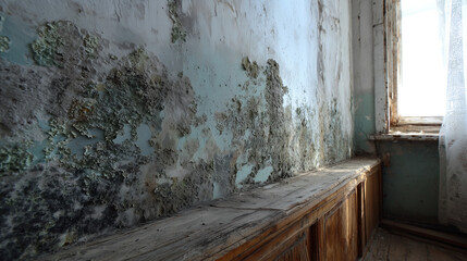 Severely moldy and decaying wall with peeling paint and wood paneling in neglected interior near window with light background