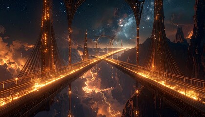 Ethereal glowing bridges spanning across endless voids, radiant energy patterns illuminating otherworldly DESIGN spaces.