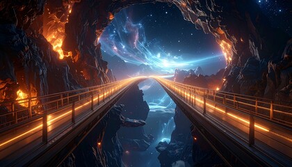 Ethereal glowing bridges spanning across endless voids, radiant energy patterns illuminating otherworldly DESIGN spaces.