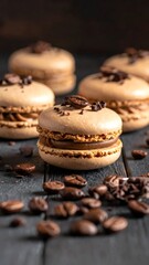 Coffee macarons with chocolate chips and coffee beans