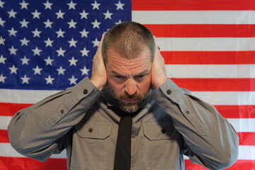 American Censorship Concept - Male Journalist or Politician - See no evil, Speak no evil, Hear no evil idea - Distracted Citizens