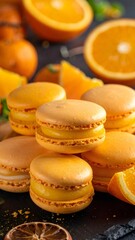 Orange macarons with citrus filling on dark background