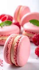 Pink raspberry macarons with cream filling, sweet dessert