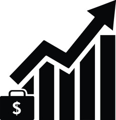 Black Flat Graph Icon with Briefcase and Dollar Sign, Business Finance Profit Growth, Investment Success Bar Chart Economic Development Illustration EPS