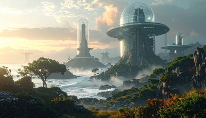 Giant translucent structures rising from oceans of mist, futuristic alien scenery with otherworldly DESIGN composition. 