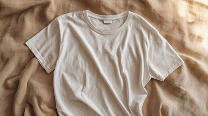 Blank White t-shirt on beige linen fabric