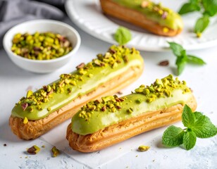 Pistachio eclairs with green glaze and chopped nuts