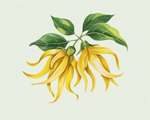 Delicate Watercolor Illustration of Ylang-Ylang Flowers with Lush Green Leaves, Emphasizing Botanical Elegance