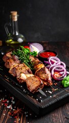 Grilled shish kebab skewers with rosemary and onion