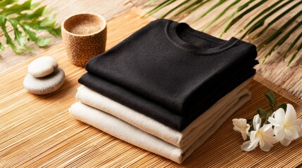 Fototapeta premium Blank black yoga pants on bamboo mat spa setting