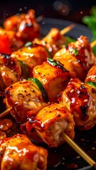 Grilled chicken teriyaki skewers with sesame seeds