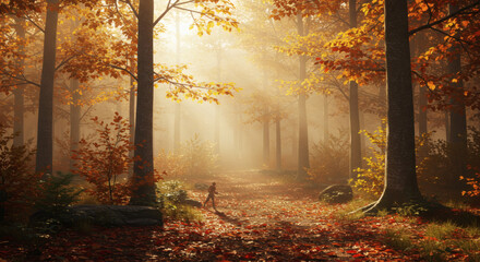 Obraz premium Mystical autumn forest, golden and red leaves, soft fog, rays of sunlight breaking through the trees, peaceful atmosphere, high detail, cinematic lighting