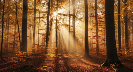 Mystical autumn forest, golden and red leaves, soft fog, rays of sunlight breaking through the trees, peaceful atmosphere, high detail, cinematic lighting