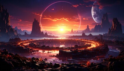 Floating rings of rock orbiting a radiant core, mystical horizon shaping otherworldly DESIGN atmosphere in vibrant tones. 