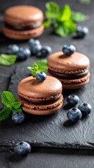 Chocolate macarons with blueberries and mint on slate