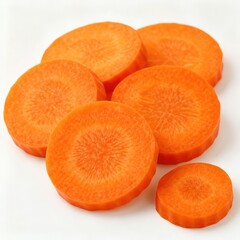 Freshly sliced bright orange carrot rounds isolated on a clean white background