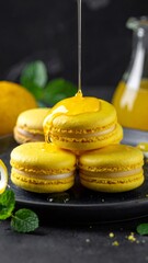 Yellow lemon macarons pouring with honey on a black plate