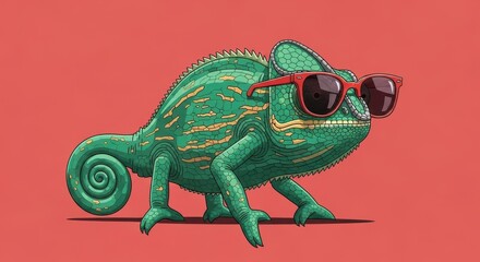 Obraz premium Chameleon Wearing Cool Red Sunglasses Standing Proudly on a Coral Background