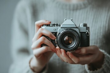 Faceless hands holding camera, minimal composition, neutral tones, shallow depth of field, copy space