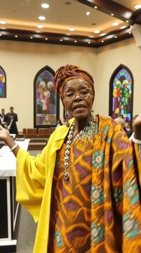 Elegant elderly black woman in traditional african attire at a church service