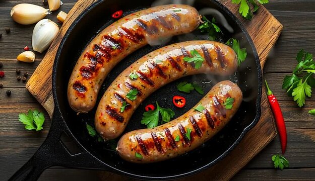 Grilled sausages in black cast iron skillet on wooden board, three cooked bratwurst sausages with diagonal cuts, fresh parsley garnish, red chili pepper, placed on rustic wooden planks, garlic clove