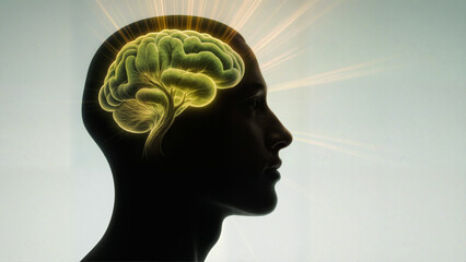 Obraz premium Abstract concept of human brain glowing with golden light inside head