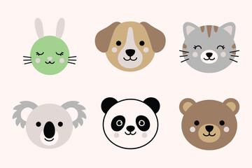 Cute Kawaii Bunny, Cat, Dog, Bear, Panda, and Koala Characters with Funny Faces – Valentine's Day Stickers and Greeting Cards in Childish Flat Design