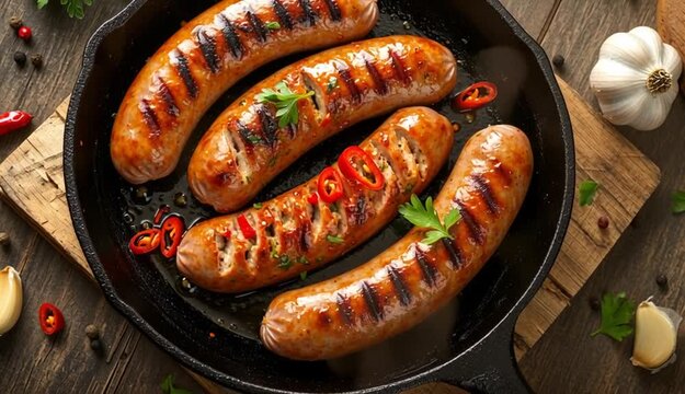 Grilled sausages in black cast iron skillet on wooden board, three cooked bratwurst sausages with diagonal cuts, fresh parsley garnish, red chili pepper, placed on rustic wooden planks, garlic clove