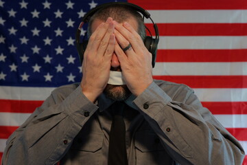 American Censorship Concept - Male Journalist or Politician - See no evil, Speak no evil, Hear no evil idea - Distracted Citizens