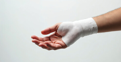 Close up view of a bandaged hand illustrating an injury, resting against a clean white backdrop, emphasizing the importance of medical care