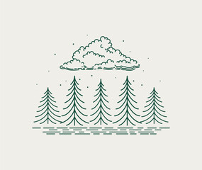 Simple  line art sketch of fir trees and cloud. Vector logo illustration. Engraving style.