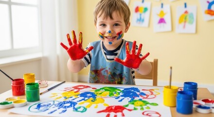 Young boy with colorful paint on face and hands creating art