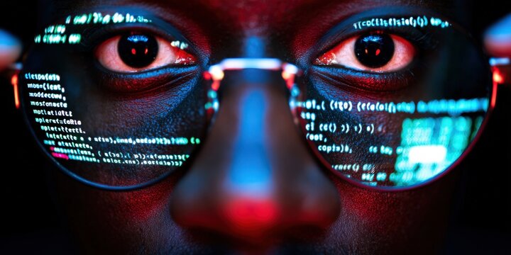 Hacker wearing glasses reflecting digital code and data
