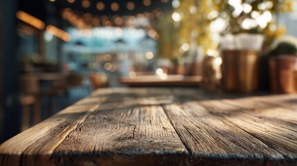 Rustic oak table surface with blurred cozy cafe background. Hygge atmosphere