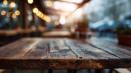 Rustic oak table surface with blurred cozy cafe background. Hygge atmosphere