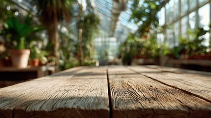 Natural pine table surface with soft focus greenhouse interior. Blurred background
