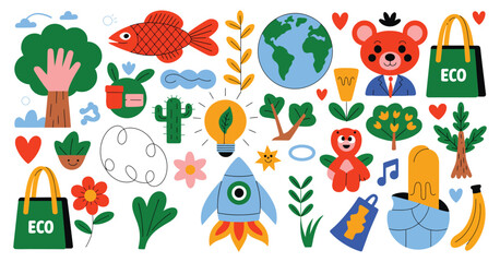 Obraz premium Retro Groovy Cartoon Eco Stickers: Save the Ocean, Water Conservation, Environmental Protection, and World Water Day Labels in Fun, Vintage Style