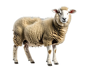 Fototapeta premium Full shot of a sheep, facing forward, with thick fleece