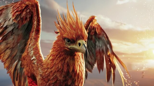 A majestic phoenix bird soaring with its wings spread against a sunny sky